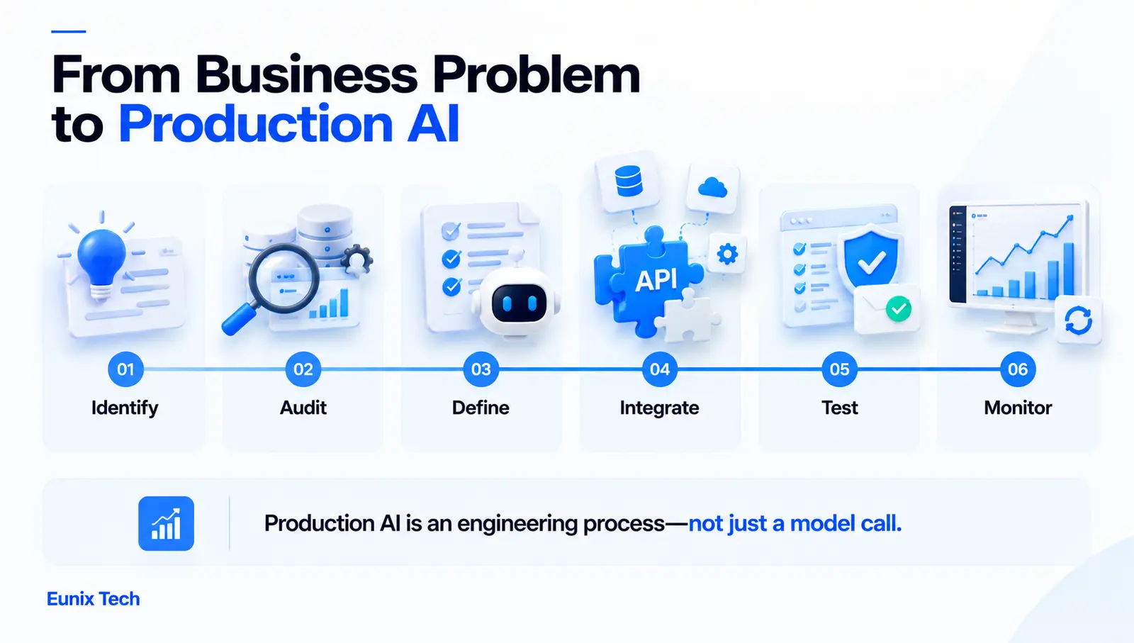 From business problem to production AI in six stages: identify, audit, define, integrate, test and monitor. Production AI is an engineering process, not just a model call