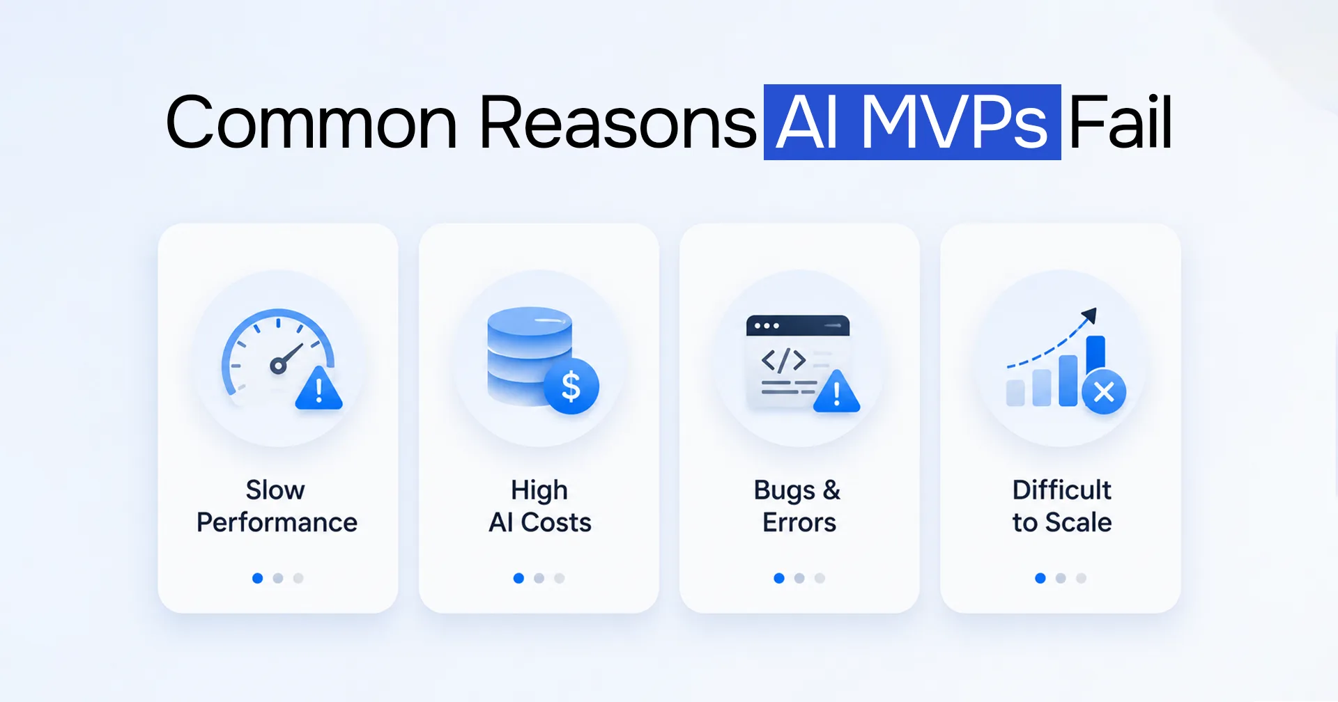 Common reasons AI MVPs fail: slow performance, high AI costs, bugs and errors, difficult to scale