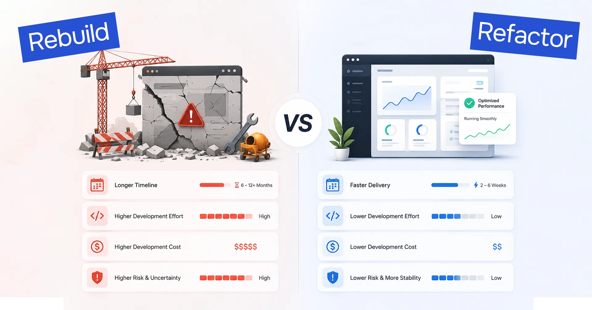 Rebuild vs refactor comparison: rebuild means longer timeline, higher effort, cost, and risk; refactor means faster delivery, lower effort, cost, and risk