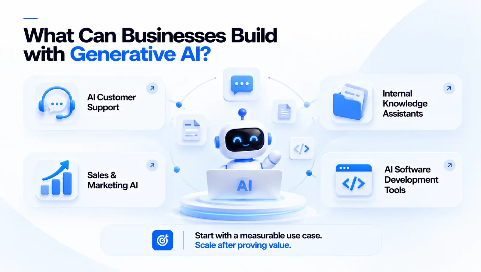 What businesses build with generative AI: AI customer support, internal knowledge assistants, sales and marketing AI, and AI software development tools. Start with a measurable use case and scale after proving value