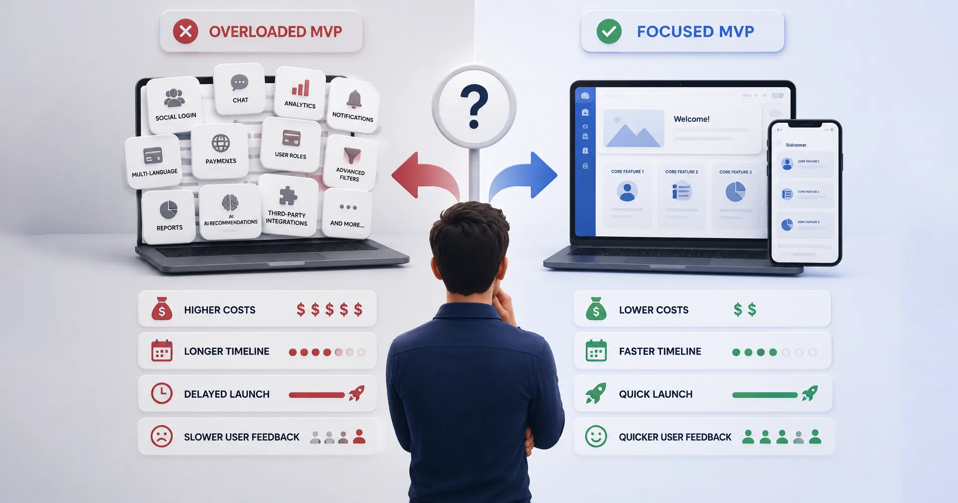 Overloaded MVP with higher costs and delayed launch vs focused MVP with lower costs and quick launch