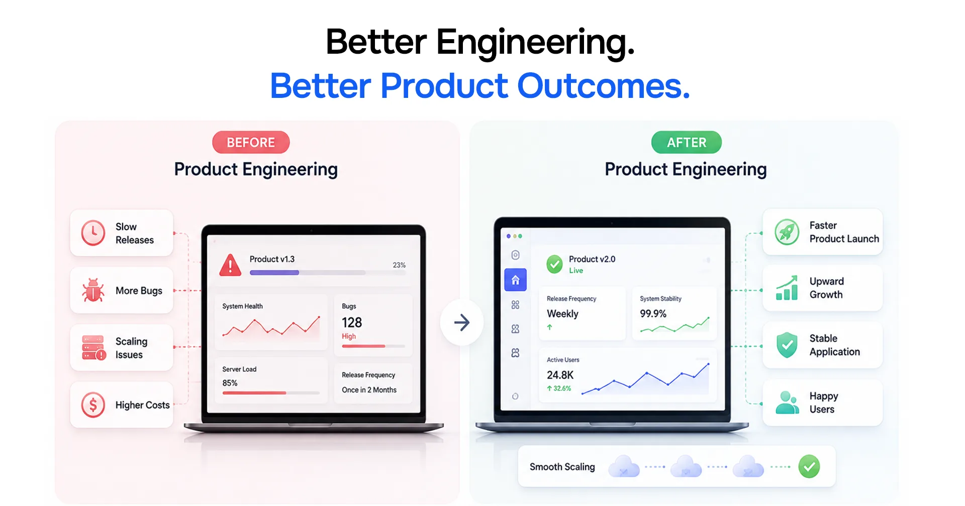 Before and after product engineering: slow releases, bugs, and scaling issues become faster launches, stability, and happy users